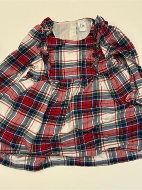 GAP Red White Blue Plaid Ruffle Long-Sleeve Dress
